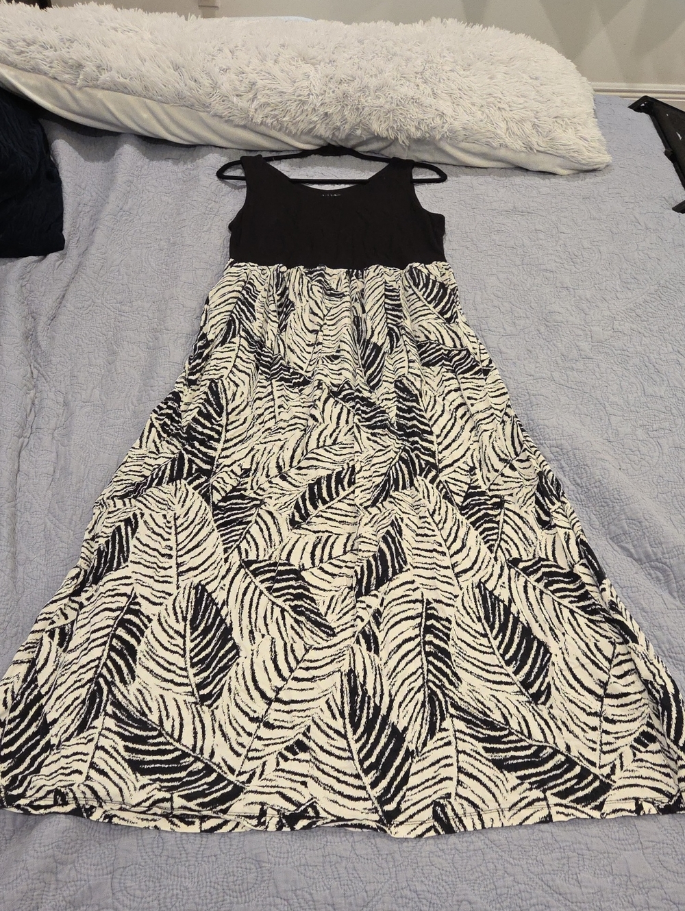 Nicole Miller Black Bodice Zebra-Leaf Print Maxi Dress Size L!